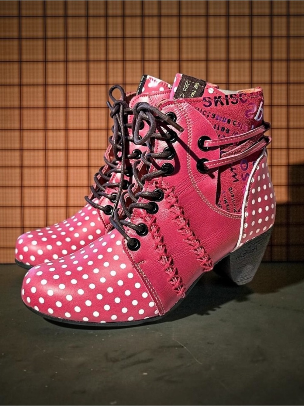 TMA Eyes Red Polka Dot Leather Lace-Up Ankle Boots Retro Eclectic Chunky Heel